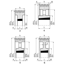 Keilriemenscheiben für Taper-Spannbuchsen, Profil A, SPA und XPA (13), 6-rillig, Technische Zeichnung