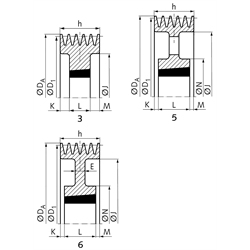 Keilriemenscheiben für Taper-Spannbuchsen, Profil C, SPC und XPC (22), 5-rillig, Technische Zeichnung