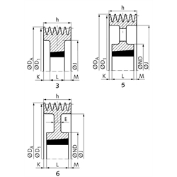 Keilriemenscheiben für Taper-Spannbuchsen, Profil C, SPC und XPC (22), 5-rillig, Technische Zeichnung