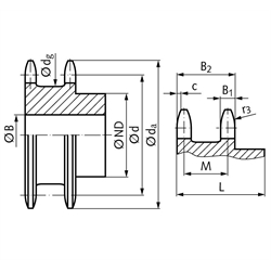 Doppel-Kettenrad ZRENG für 2 Einfach-Rollenketten 12 B-1 3/4x7/16" 25 Zähne Material Stahl Zähne gehärtet, Technische Zeichnung