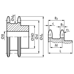 Doppel-Kettenrad ZRENG für 2 Einfach-Rollenketten 10 B-1 5/8x3/8" 17 Zähne Material Stahl Zähne gehärtet, Technische Zeichnung