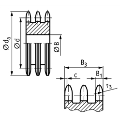 Dreifach-Kettenradscheibe DRL ohne Nabe 16 B-3 1"x17,02mm 20 Zähne Mat. Stahl , Technische Zeichnung