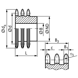 Dreifach-Kettenrad DRS mit einseitiger Nabe 06 B-3 3/8x7/32" 29 Zähne Mat. Stahl , Technische Zeichnung