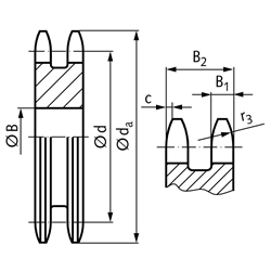 Zweifach-Kettenradscheibe ZRL ohne Nabe 16 B-2 1"x17,02mm 36 Zähne Mat. Stahl , Technische Zeichnung