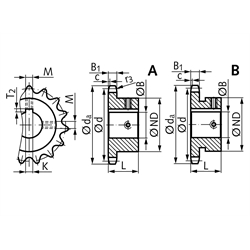 Kettenrad KRF mit einseitiger Nabe 20 B-1 1 1/4"x3/4" 13 Zähne Bohrung 60H7 Passfedernut nach DIN 6885/1 2 Stellschraubengewinde Material Stahl Zähne induktiv gehärtet , Technische Zeichnung