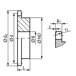 Kettenrad KRG mit einseitiger Nabe 08 B-1 1/2x5/16" 34 Zähne Material Stahl Zähne induktiv gehärtet, Technische Zeichnung