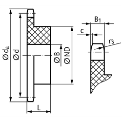 Kettenrad KRK mit einseitiger Nabe 05B-1 Tlg. 8mm 13 Zähne Mat. Polyacetal , Technische Zeichnung