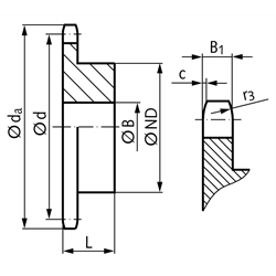 Kettenrad KRR mit einseitiger Nabe 04 Tlg. 6mm 15 Zähne Mat. 1.4301, Technische Zeichnung