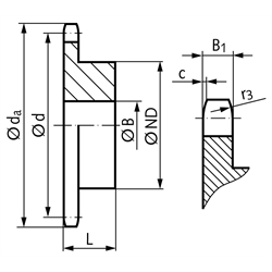 Kettenrad KRS mit einseitiger Nabe 04 Tlg. 6mm 45 Zähne Mat. Stahl , Technische Zeichnung