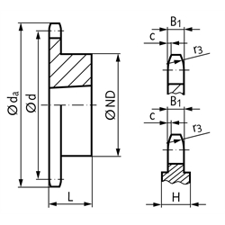 Kettenrad KRT 16 B-1 1"x17,02mm 20 Zähne Material Stahl für Taper-Spannbuchse Typ 2517 , Technische Zeichnung