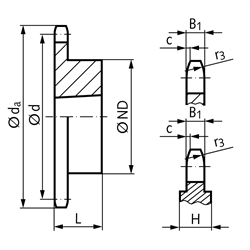 Kettenrad KRT 20 B-1 1 1/4" x 3/4" 16 Zähne Material Stahl für Taper-Spannbuchse Typ 2517, Technische Zeichnung