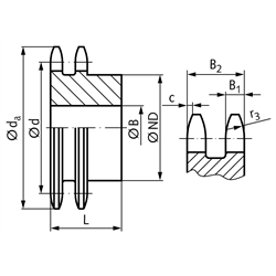 Zweifach-Kettenrad ZRS mit einseitiger Nabe 05 B-2 Tlg. 8mm 8 Zähne Mat. Stahl , Technische Zeichnung