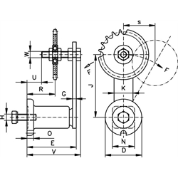 Kettenspanner für Einfach-Rollenkette 16 B-1 1"X17,02mm bestehend aus 14050801 + 14080400, Technische Zeichnung