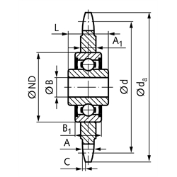 Kettenspannrad KSP 06 B-1 3/8x7/32" 20 Zähne mit Kugellager , Technische Zeichnung