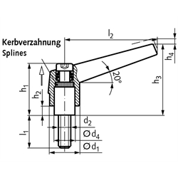 Verstellbarer Klemmhebel 120 Ausführung G mit Außengewinde M10 x 40mm lang Grifflänge L2 = 74mm , Technische Zeichnung