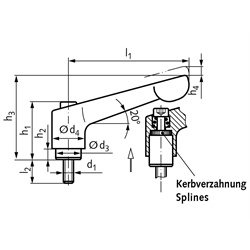 Verstellbarer Klemmhebel 300 Ausführung G mit Außengewinde M6 x 16mm Grifflänge L1 = 45mm , Technische Zeichnung