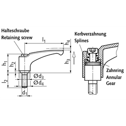 Verstellbarer Klemmhebel 355 Ausführung G mit Außengewinde M8 x 25mm lang Grifflänge L1=78mm Material Polyamid schwarz-grau , Technische Zeichnung