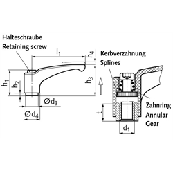 Verstellbarer Klemmhebel 355 Ausführung N mit Innengewinde M10 Grifflänge L1 = 78mm Material Polyamid schwarz-grau, Technische Zeichnung