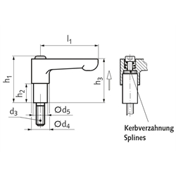 Verstellbarer Klemmhebel K Hebellänge 78 mm Schaftlänge 30 mm Außengewinde M8 x 25mm, Technische Zeichnung