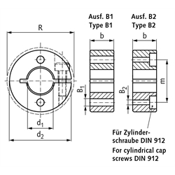 Geschlitzter Klemmring aus Edelstahl 1.4305 Bohrung 30mm mit Schraube DIN 912 A2-70 Ausf. B2, Technische Zeichnung