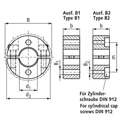 Geteilter Klemmring aus Stahl C45 brüniert Bohrung 32mm mit Schrauben DIN 912 12.9 Ausf. B1, Technische Zeichnung