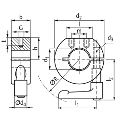 Geschlitzter Klemmring Edelstahl 1.4305 Bohrung 20mm mit verstellbarem Klemmhebel M6 x 16 Länge 45mm Ausf. GRK, Technische Zeichnung