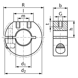 Geschlitzter Klemmring aus Edelstahl 1.4305 Bohrung 28mm mit Schraube DIN 912 A2-70 Ausf. GR, Technische Zeichnung