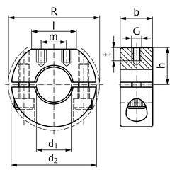 Geteilter Klemmring aus Edelstahl 1.4305 Bohrung 45mm mit Schrauben DIN 912 A2-70 Ausf. GR, Technische Zeichnung