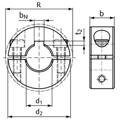 Geteilter Klemmring aus Stahl C45 brüniert Bohrung 12mm mit Schrauben DIN 912 12.9 Ausf. N, Technische Zeichnung