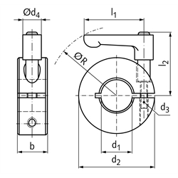 Geschlitzter Klemmring Stahl C45 verzinkt Bohrung 16mm mit verstellbarem Klemmhebel M5 x 14 Länge 30mm, Technische Zeichnung