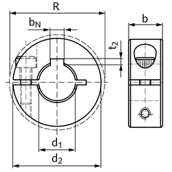 Geschlitzter Klemmring aus Stahl C45 brüniert Bohrung 16mm mit Schraube DIN 912 12.9 Ausf. N, Technische Zeichnung