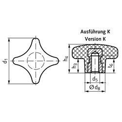 Kreuzgriff ähnlich DIN 6335 aus Kunststoff Ausführung K Durchmesser 63mm , Technische Zeichnung