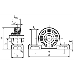 Kugelstehlager SSUCP 201 Bohrung 12mm Gehäuse und Lager aus Edelstahl , Technische Zeichnung