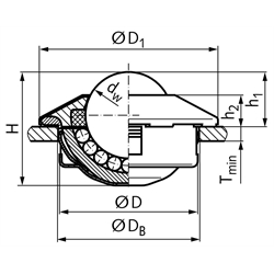 Kugelrolle 320 mit Befestigungselement Kugeldurchmesser 22mm Kugel aus Edelstahl rostfrei , Technische Zeichnung