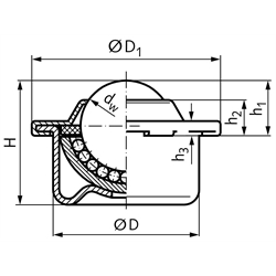 Kugelrolle 340 mit Stahlblechgehäuse Kugeldurchmesser 8mm Kugel aus Edelstahl rostfrei , Technische Zeichnung