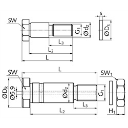 Zapfen zentrisch LFZ30x95A1 dw 30mm Zapfendurchm. 30mm Länge 107mm, Technische Zeichnung