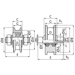 Laufrad aus C 45 mit Achsbolzen Raddurchmesser 164mm , Technische Zeichnung