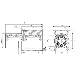 Linearlagereinheit KG-3-FTST ISO-Serie 3 mit Linear-Kugellagern mit Stahlmantel mit beids. Dichtung für Wellen-Ø 16mm, Technische Zeichnung