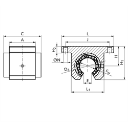 Linearlagereinheit KG-3-KO ISO-Reihe 3 mit Linear-Kugellager mit Winkelausgleich mit Doppellippendichtung für Wellen-Ø 40mm offene Ausführung, Technische Zeichnung