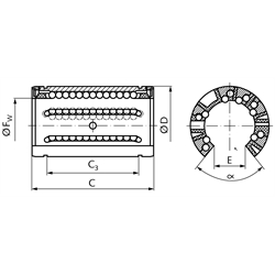 Offene Linearkugellager KB-3-O ISO-Reihe 3 Premium mit Doppellippendichtung für Wellen-Ø 20mm, Technische Zeichnung