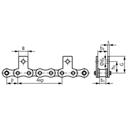 Flachlaschen-Rollenkette 06 B-1-M1, 4xp mit beidseitigen schmalen Flachlaschen mit 1 Befestigungsbohrung am Aussenglied im Abstand 4xp , Technische Zeichnung