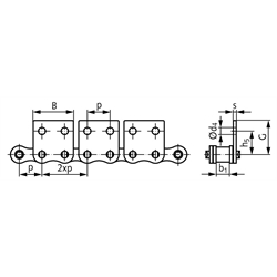 Rostfreie Flachlaschen-Rollenkette 08 B-1-M2, 2xp mit einseitigen breiten Flachlaschen mit 2 Befestigungsbohrungen am Aussenglied im Abstand 2xp Edelstahl 1.4301, Technische Zeichnung