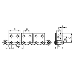 Rostfreie Flachlaschen-Rollenkette 08 B-1-M2, 2xp mit beidseitigen breiten Flachlaschen mit 2 Befestigungsbohrungen am Aussenglied im Abstand 2xp Edelstahl 1.4301 , Technische Zeichnung