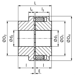 Elastische Nockenkupplung MAEPEX Grauguss Baugröße 280 Nenndrehmoment 3900Nm max. Drehmoment 10000Nm Außendurchmesser 280mm Gesamtlänge 223mm vorgebohrt 47mm, Technische Zeichnung