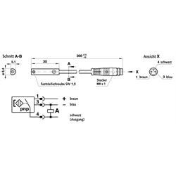 Magnetschalter induktiv pnp ohne Stecker Kabellänge 5m , Technische Zeichnung
