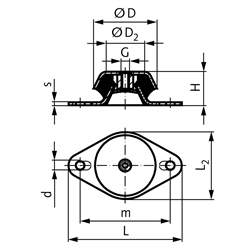 Maschinenfuß mit Abreisssicherung Durchm. 121mm Höhe 42mm Gewinde M16 Flansch oval, Technische Zeichnung