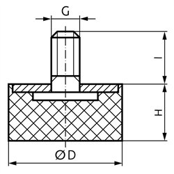 Gummi-Metall-Anschlagpuffer MGS Durchmesser 20mm Höhe 5mm Gewinde M6 x 18mm Edelstahl 1.4301, Technische Zeichnung