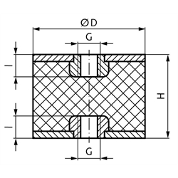 Metall-Gummipuffer MGI mit beidseitigem Innengewinde Durchmesser 30mm Höhe 30mm Gewinde M8x8 , Technische Zeichnung