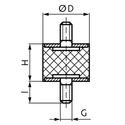 Metall-Gummipuffer MGP Durchmesser 20mm Höhe 15mm Gewinde M6 x 18mm Edelstahl 1.4301 , Technische Zeichnung