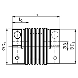 Metall-Balgkupplung MBL lange Ausführung beidseitig Bohrung 16mm Gesamtlänge 71,4mm Nabendurchmesser 37,4mm , Technische Zeichnung